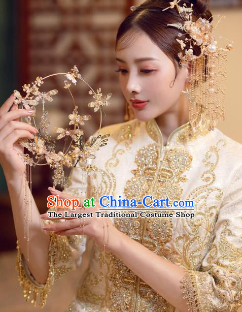 Chinese Traditional Wedding Accessories Handmade Bride Golden Round Fan