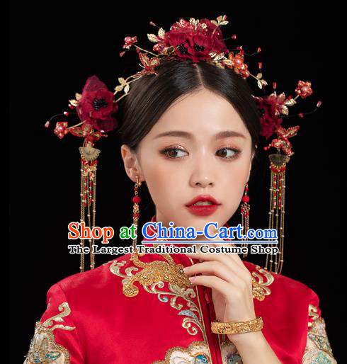 China Traditional Handmade Xiuhe Suit Hair Accessories Wedding Bride Hair Jewelry Red Silk Flower Hair Crown Hairpins Full Set