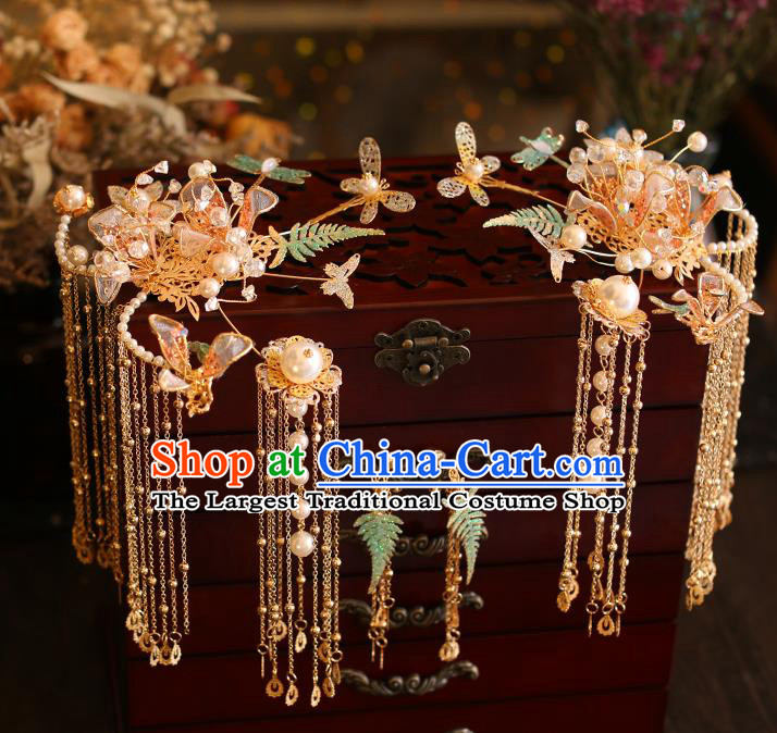China Traditional Wedding Hair Accessories Bride Golden Hairpins Tassel Hair Sticks Full Set