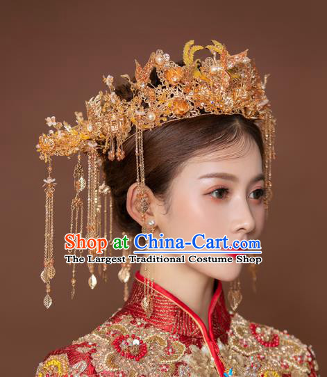 China Bride Golden Phoenix Coronet and Tassel Hairpins Traditional Wedding Hair Accessories Full Set