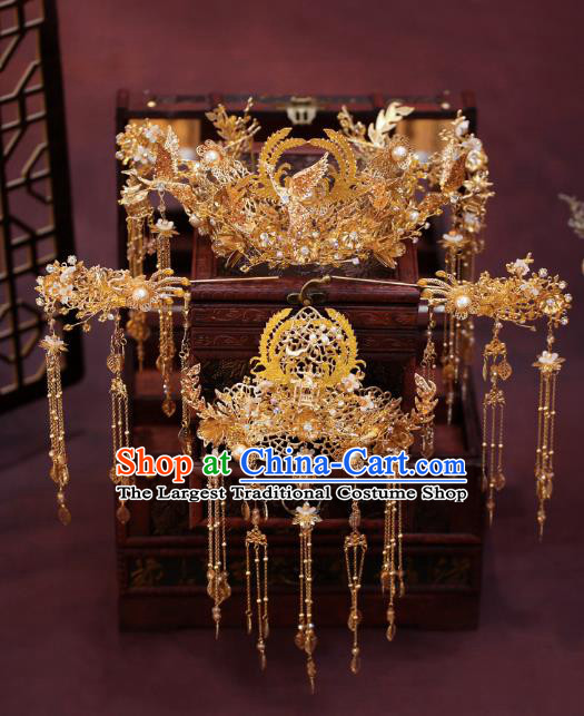 China Bride Golden Phoenix Coronet and Tassel Hairpins Traditional Wedding Hair Accessories Full Set