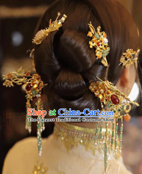 China Traditional Ancient Bride Hair Sticks and Tassel Hairpins Earrings Wedding Hair Accessories Full Set