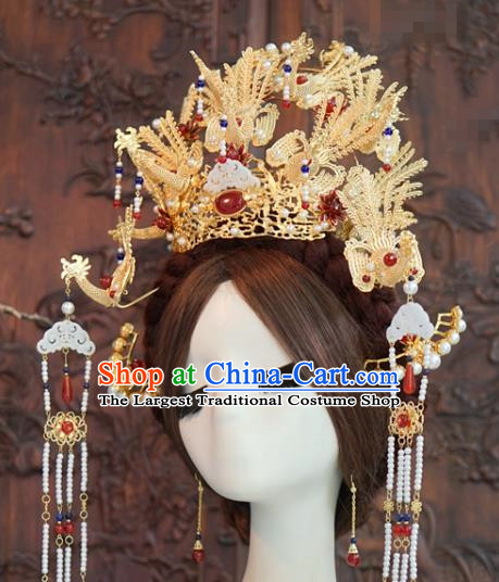 China Traditional Ancient Bride Phoenix Coronet and Tassel Hairpins Earrings Datang Tumbler Girl Wedding Hair Accessories Full Set