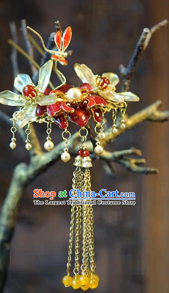 China Bride Dragonfly Peony Hair Stick Hair Accessories Traditional Wedding Xiuhe Suit Red Flower Tassel Hairpin