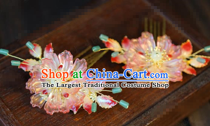 China Traditional Pink Peony Hair Comb Wedding Xiuhe Suit Hair Accessories Bride Flower Hairpin