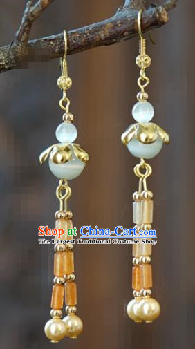 Top Grade China Traditional Ear Accessories Ancient Court Empress Jade Tassel Earrings Qing Dynasty Jewelry