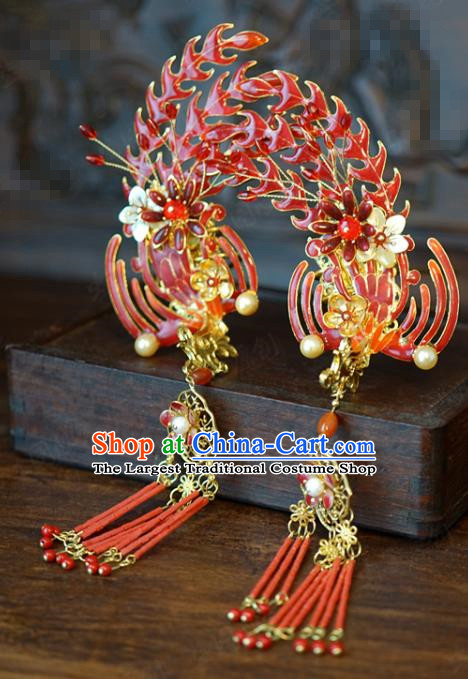 China Traditional Red Beads Tassel Hair Stick Wedding Xiuhe Suit Hair Accessories Bride Phoenix Hairpin