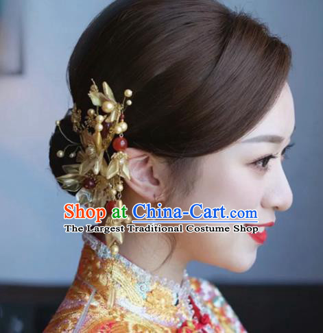 China Traditional Golden Flowers Hair Crown Wedding Xiuhe Suit Hair Accessories Bride Hair Clasp
