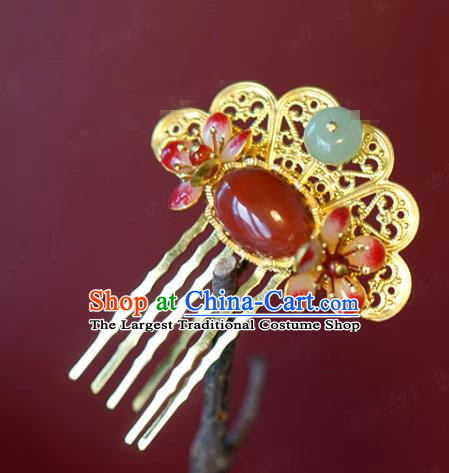 China Traditional Agate Plum Hair Comb Wedding Xiuhe Suit Hair Accessories Bride Golden Hair Stick