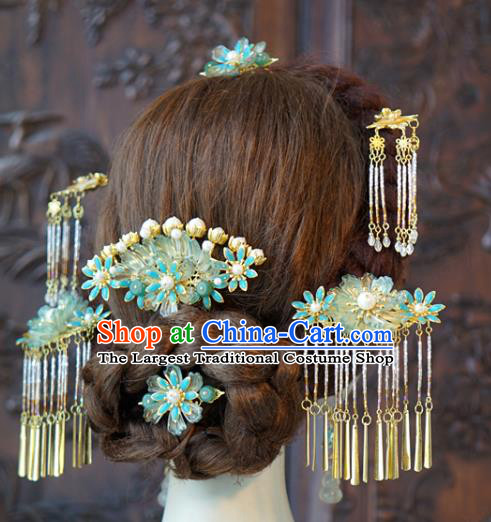 China Ancient Bride Blue Flower Hair Comb and Tassel Hairpins and Earrings Traditional Wedding Hair Accessories Complete Set