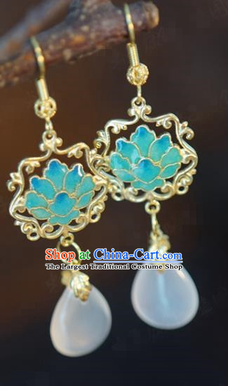 Top Grade Traditional White Chalcedony Ear Accessories China Ancient Ming Dynasty Court Empress Blueing Lotus Earrings Jewelry