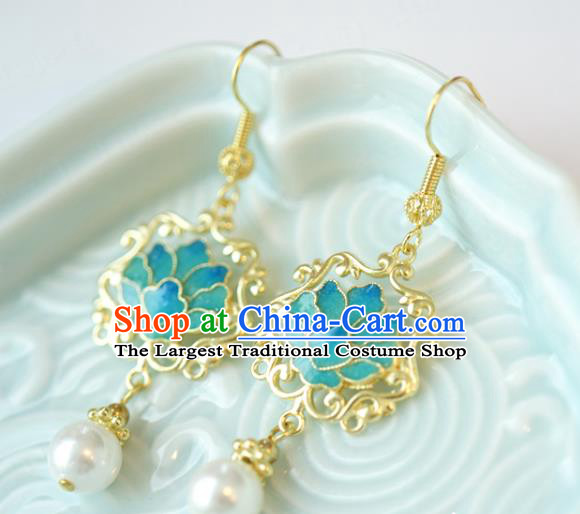 Top Grade Traditional White Chalcedony Ear Accessories China Ancient Ming Dynasty Court Empress Blueing Lotus Earrings Jewelry