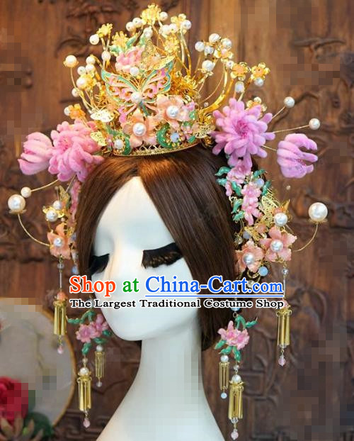 China Traditional Wedding Butterfly Phoenix Coronet Ancient Bride Velvet Hairpins Earrings Hair Accessories Complete Set