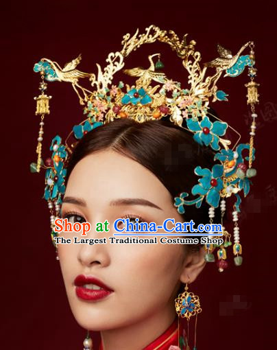China Traditional Wedding Cranes Phoenix Coronet Ancient Bride Blueing Hairpins Earrings Hair Accessories