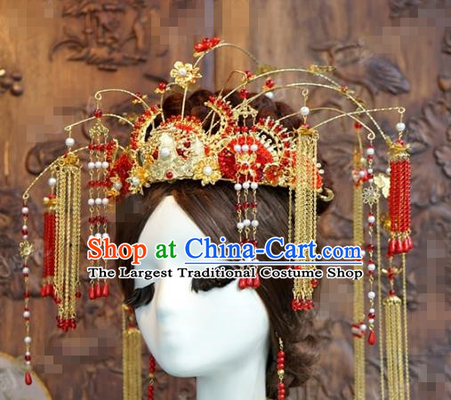 China Traditional Red Tassel Phoenix Coronet Wedding Hairpins Earrings Ancient Bride Hair Accessories