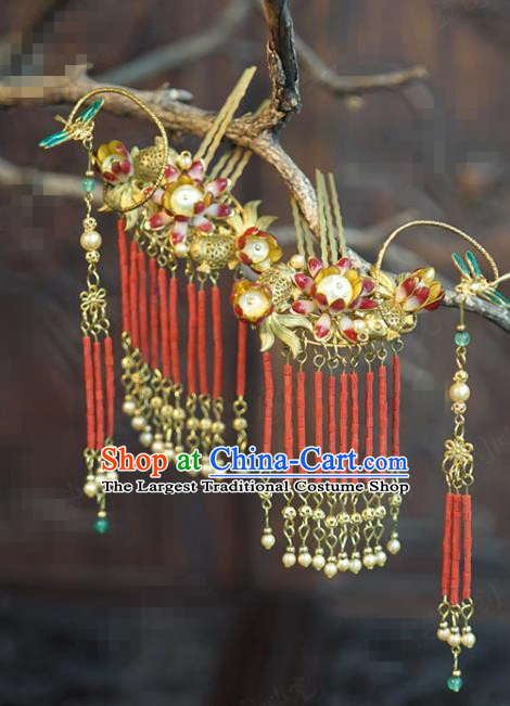China Wedding Goldfish Lotus Hair Combs Traditional Xiuhe Suit Hair Accessories Ancient Bride Red Beads Tassel Hair Sticks