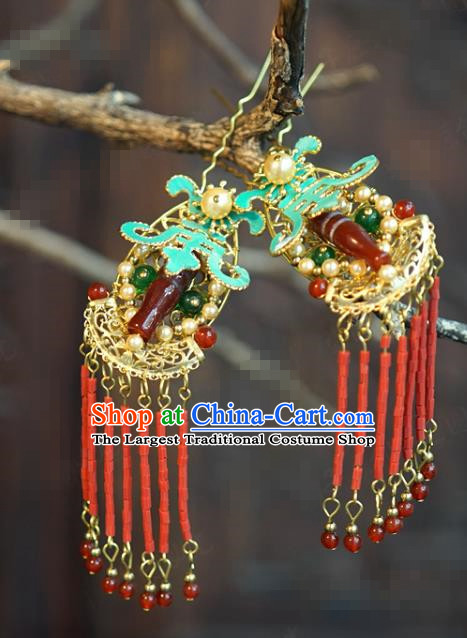 China Ancient Bride Red Beads Tassel Hair Stick Wedding Agate Hairpin Traditional Xiuhe Suit Hair Accessories
