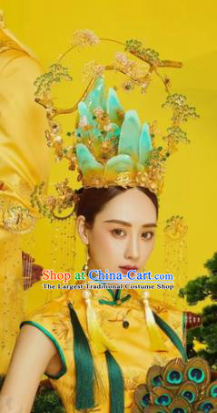 China Traditional Wedding Hair Accessories Deluxe Ancient Bride Blue Mountain Hair Crown Phoenix Coronet and Earrings Full Set