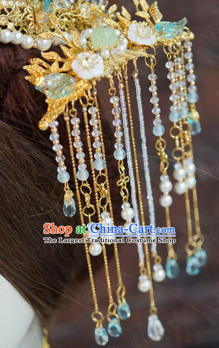 China Traditional Wedding Golden Hair Crown and Tassel Hairpins Ancient Bride Hair Accessories and Earrings Full Set