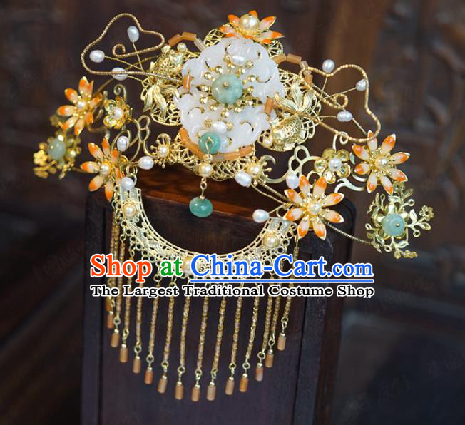 China Traditional Wedding Jade Hair Crown and Hairpins Ancient Bride Hair Accessories and Earrings Full Set