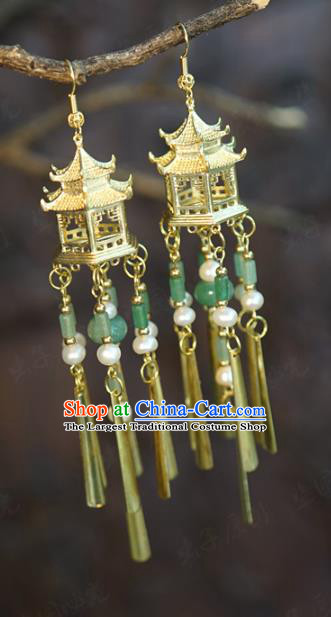 Top Grade Golden Palace Ear Jewelry China Traditional Qing Dynasty Empress Accessories Ancient Bride Jade Tassel Earrings