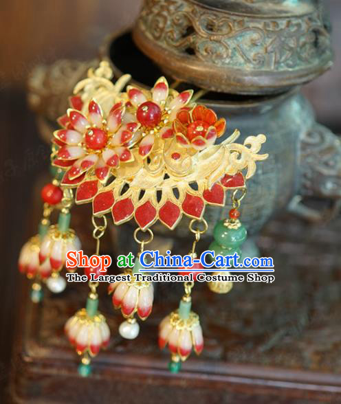 China Wedding Bride Flower Hairpin Ancient Traditional Xiuhe Suit Hair Accessories Red Convallaria Hair Stick
