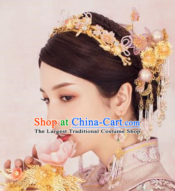 China Ancient Bride Deluxe Tassel Hair Crown and Hairpins and Earrings Wedding Phoenix Coronet Traditional Hair Accessories