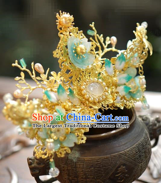 China Traditional Green Flowers Hair Crown and Tassel Hairpins Ancient Wedding Bride Hair Accessories