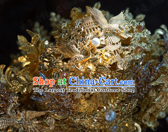 China Ancient Wedding Bride Hair Accessories Deluxe Tassel Hair Crown Traditional Golden Phoenix Coronet