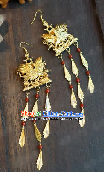 Top Grade Ancient Bride Golden Crane Earrings China Hanfu Accessories Court Tassel Ear Jewelry