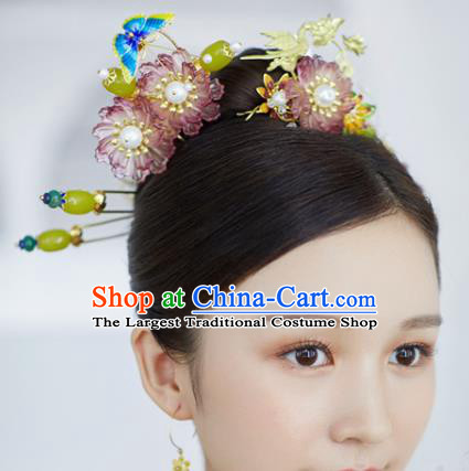 China Ancient Bride Hair Accessories Traditional Wedding Golden Crane Hair Crown and Flower Hairpins Earrings Full Set