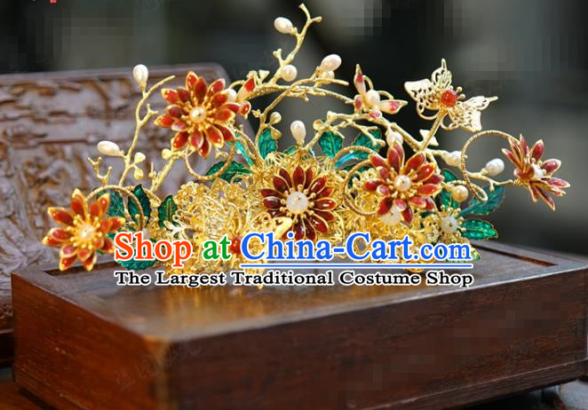 China Ancient Bride Red Lotus Hair Crown and Tassel Hairpins Traditional Hanfu Court Woman Hair Accessories