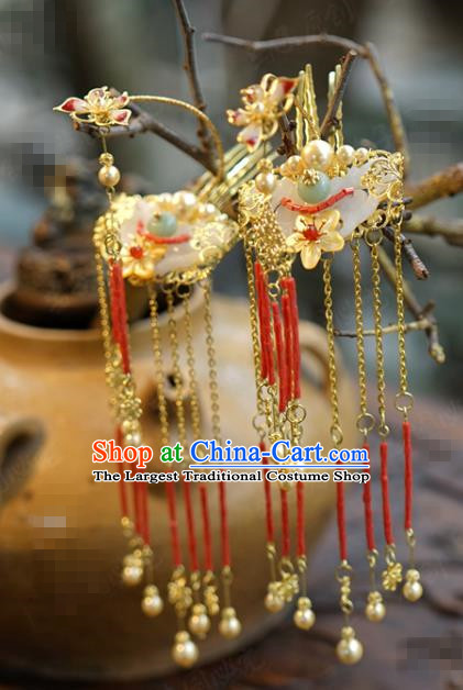 China Ancient Bride Red Lotus Hair Crown and Tassel Hairpins Traditional Hanfu Court Woman Hair Accessories