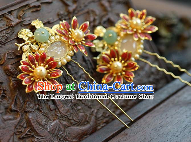 China Ancient Bride Red Lotus Hair Crown and Tassel Hairpins Traditional Hanfu Court Woman Hair Accessories