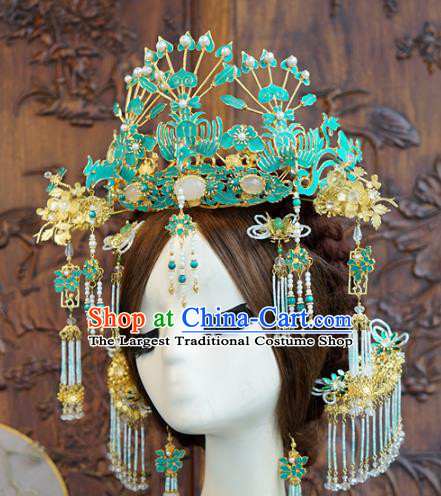 China Ancient Bride Blueing Phoenix Coronet Wedding Hair Crown and Hairpins Traditional Hair Accessories