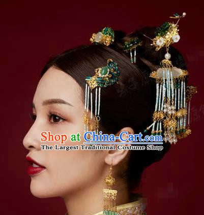 China Ancient Bride Blueing Hair Crown and Tassel Hairpins Traditional Wedding Hair Accessories Full Set