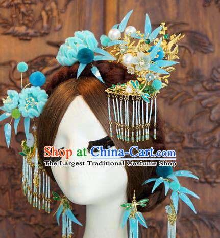 China Ancient Bride Blue Velvet Chrysanthemum Hair Crown and Tassel Hairpins Traditional Wedding Hair Accessories