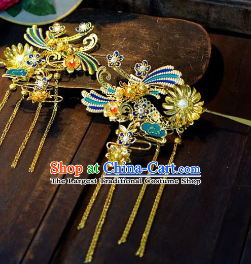 China Ancient Bride Blueing Phoenix Phoenix Coronet Hair Accessories Headwear Traditional Wedding Hair Crown and Golden Tassel Hairpins