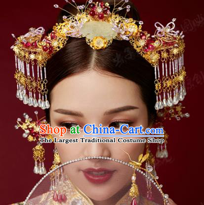China Ancient Bride Hair Accessories Headwear Traditional Wedding Jade Hair Crown and Tassel Hairpins Full Set