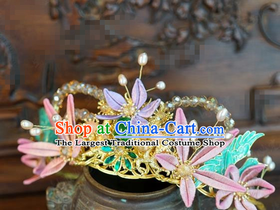 China Wedding Silk Flowers Hair Crown Traditional Hair Accessories Ancient Bride Hairpins