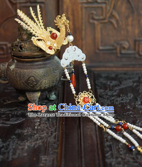 China Traditional Xiuhe Suit Hair Accessories Palace Jade Hairpin Wedding Golden Phoenix Step Shake