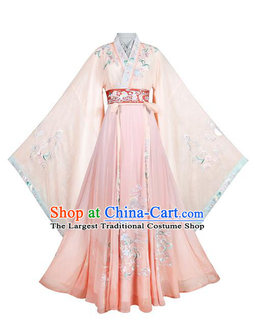 China Ancient Imperial Consort Hanfu Clothing Jin Dynasty Court Beauty Embroidered Pink Dress Apparels