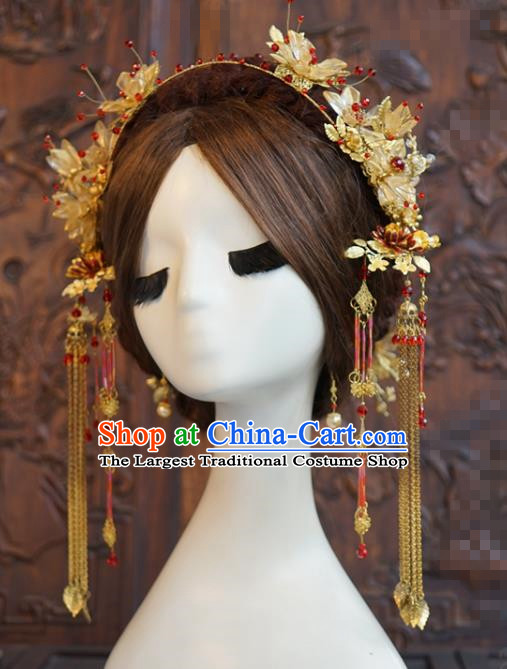 China Ancient Bride Golden Flower Hair Clasp and Tassel Hairpins Traditional Wedding Hanfu Hair Accessories Full Set