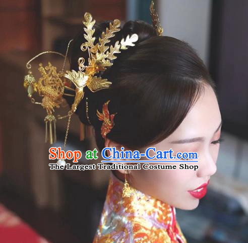 China Traditional Xiuhe Suit Golden Phoenix Hairpins Wedding Luxury Hair Accessories Ancient Bride Hair Sticks Full Set
