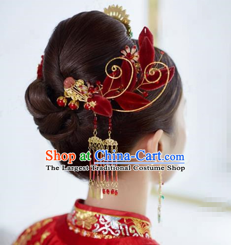 China Traditional Wedding Luxury Hair Accessories Ancient Bride Xiuhe Suit Red Velvet Flowers Hair Sticks Full Set