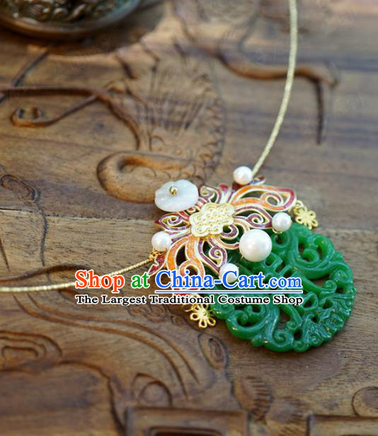 Chinese Traditional Cloisonne Lotus Necklace Handmade Ancient Princess Jade Carving Necklet Accessories
