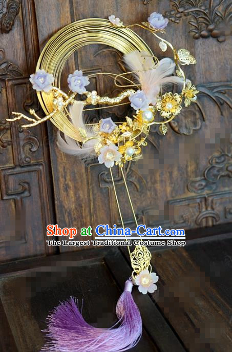Chinese Traditional Palace Fan Handmade Ancient Wedding Accessories Golden Plum Fan