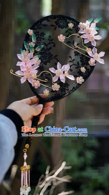 Chinese Handmade Traditional Black Lace Palace Fan Ancient Wedding Bride Accessories Round Fan