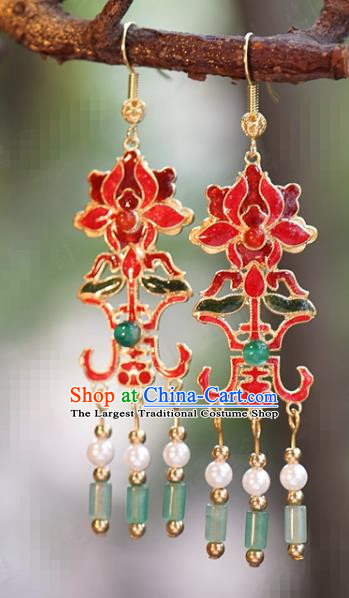 Top Grade Enamel Red Lotus Ear Jewelry China Traditional Hanfu Accessories Ancient Bride Jade Tassel Earrings