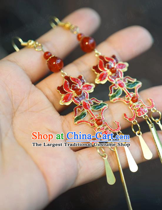 Top Grade China Qing Dynasty Lotus Ear Jewelry Traditional Hanfu Accessories Ancient Bride Cloisonne Red Earrings
